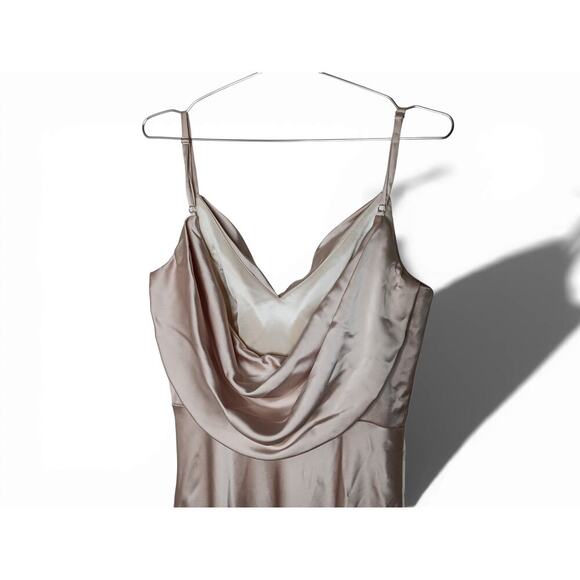 Revelry Champagne Satin Slip Maxi Dress Gown Cowl Neck Side Slit Size 12 Party - Picture 6 of 15